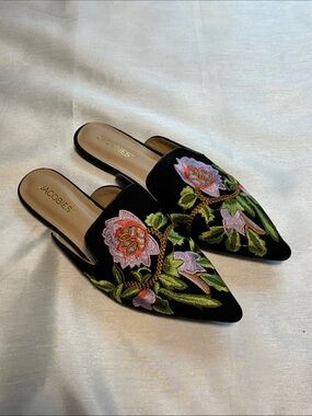Jacobies Black Velvet Pointed Mules with Pink & Green Floral Embroidery